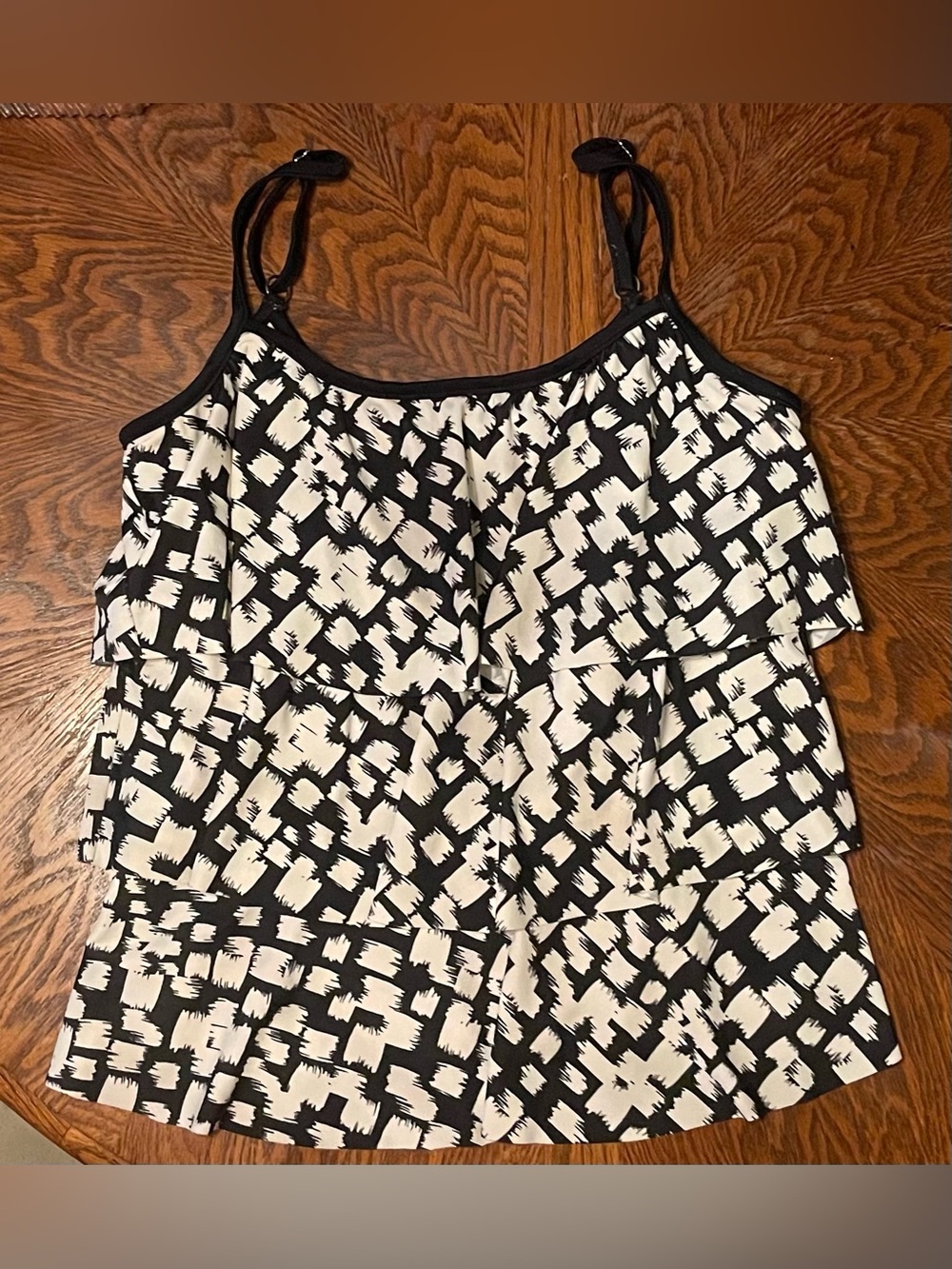 Azul Black & White Tiered Swim Cami with Adjustable Straps